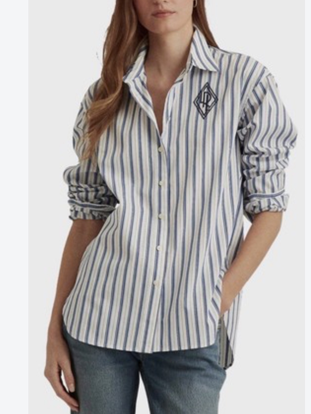 Ralph Lauren Blue White Striped Cotton Monogram Shirt XXL Preppy Chic